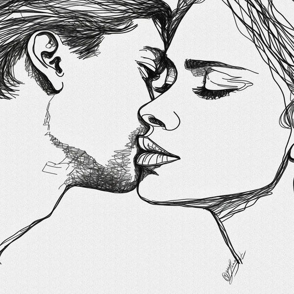 OLena Art: Loved - Couple Kissing One Line Art by OLena Art