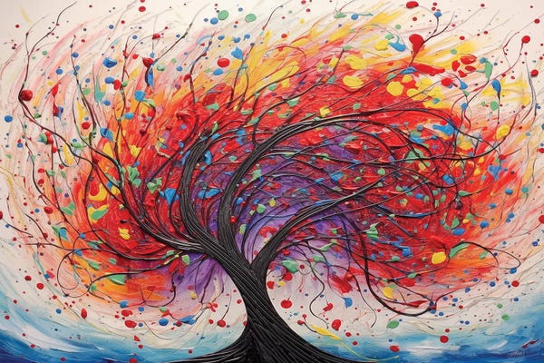 OLena Art: Crimson Crescendo Abstract Expressionist Red Tree Dripping In The Wind by OLena Art