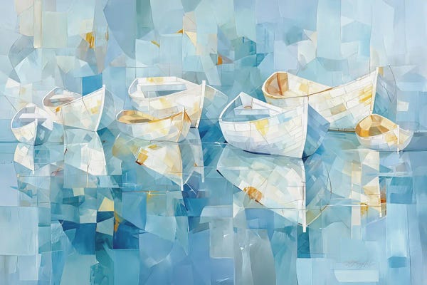 Contemporary Coastal: Abstract Boats On Calm Water Serene Geometric Reflections In Pastel Tones by OLena Art