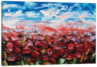 Red Poppy Field Canvas Art Print - Blue & Red Art