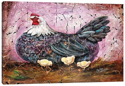 Vintage Blue Hen With Chicks Fresco Canvas Art Print - OLena art