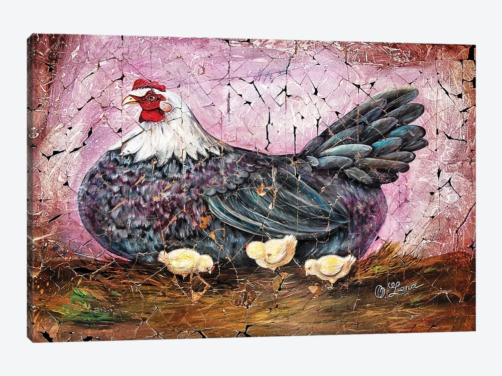 Vintage Blue Hen With Chicks Fresco by OLena Art 1-piece Canvas Artwork