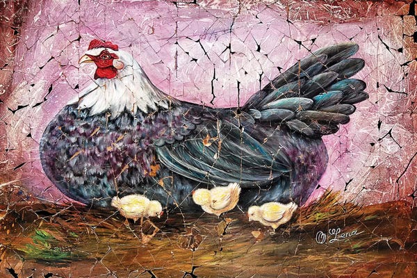 Chickens & Roosters: Vintage Blue Hen With Chicks Fresco by OLena Art