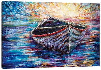 Wooden Boat At Sunrise Canvas Art Print - Rowboat Art