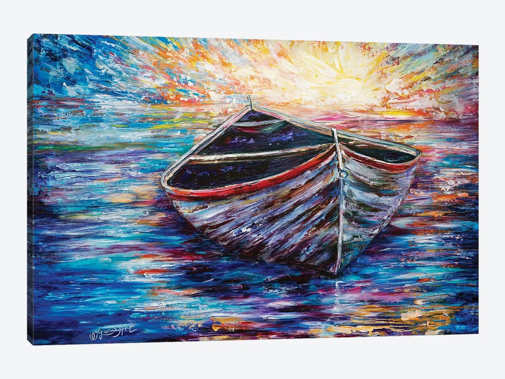 Wooden Boat At Sunrise by OLena Art 1-piece Canvas Print