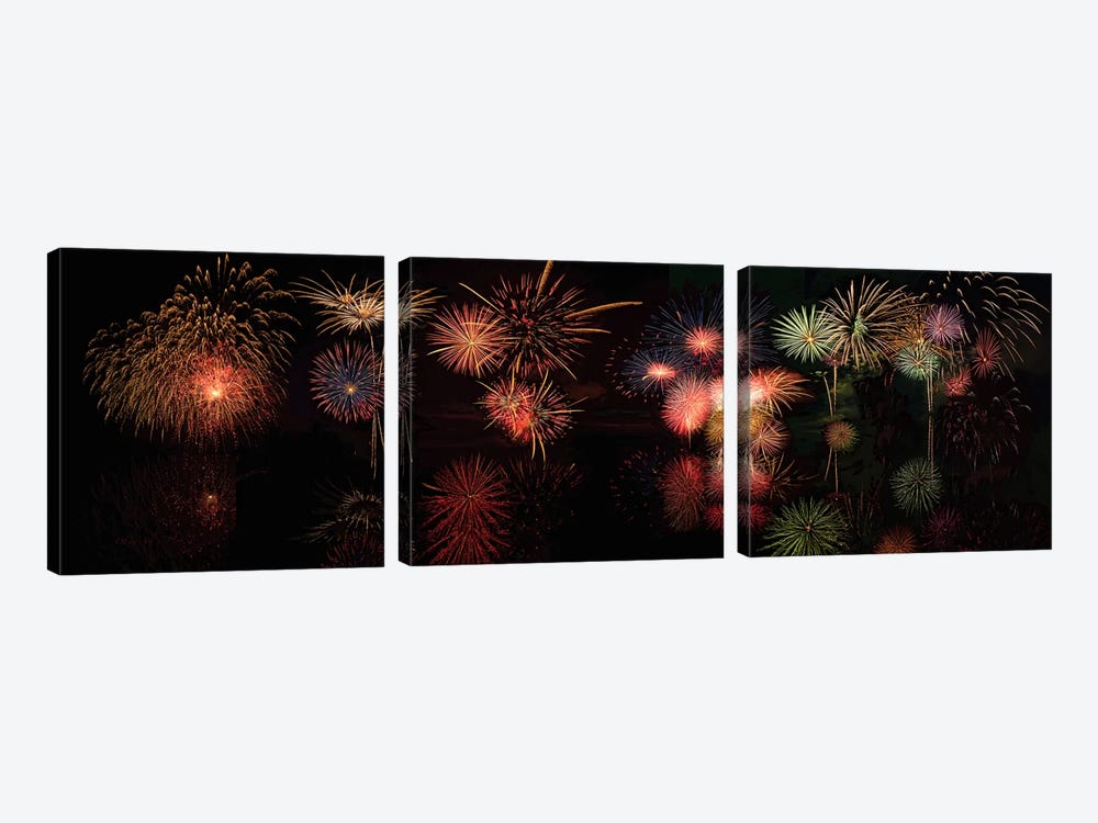 Fireworks Reflection In Water Panorama  by OLena Art 3-piece Art Print