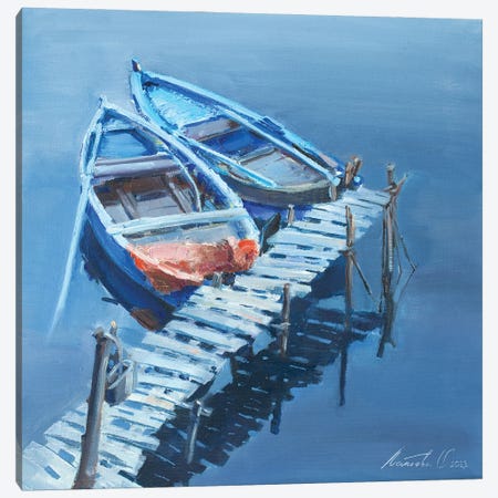 Blue Boats Canvas Print #OLP12} by Olha Laptieva Art Print