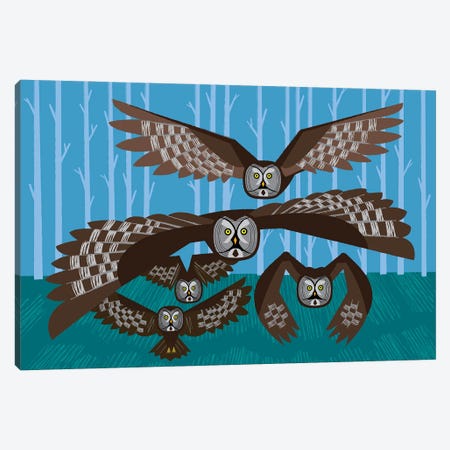 Five Owls In Flight Canvas Print #OLV102} by Oliver Lake Art Print