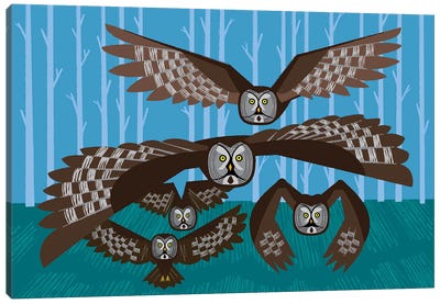 Five Owls In Flight Canvas Art Print - Oliver Lake