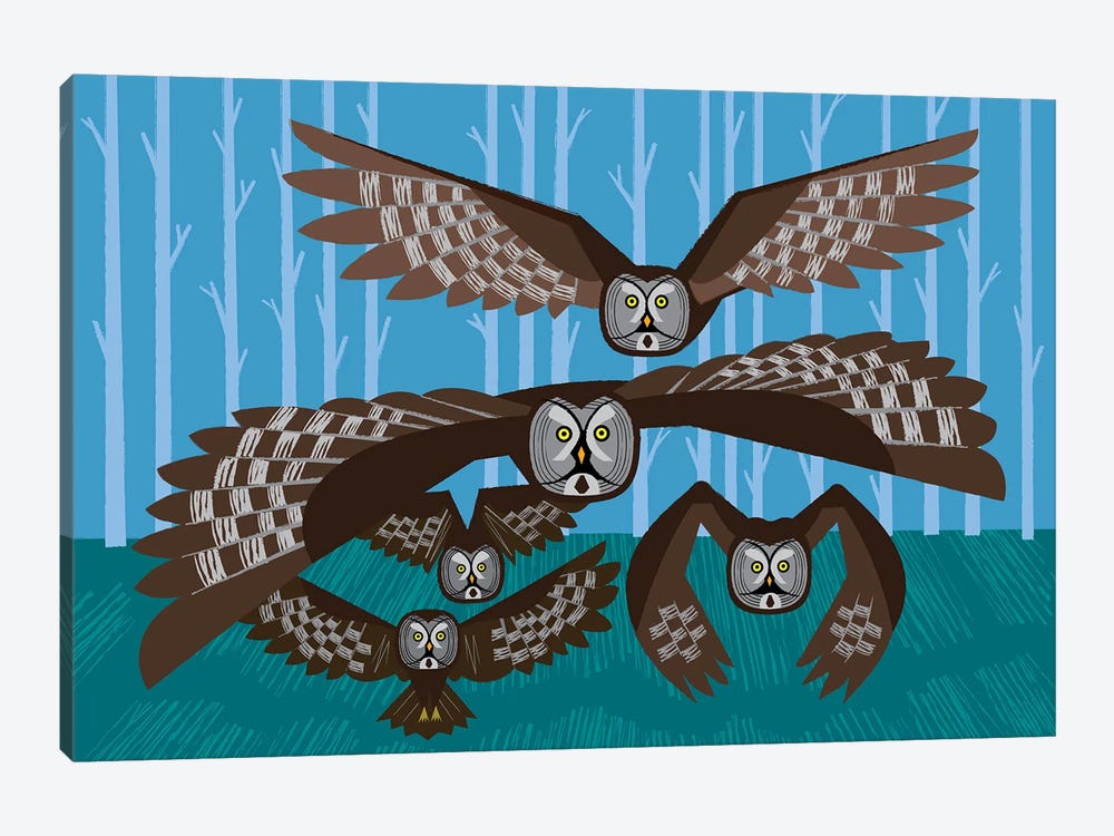 Five Owls In Flight by Oliver Lake 1-piece Canvas Artwork