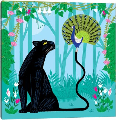 The Peacock And The Panther Canvas Art Print - Panther Art