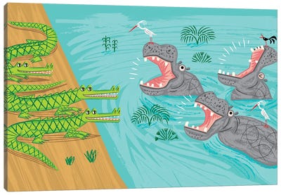 Crocodiles and Hippos Canvas Art Print - Crocodile & Alligator Art