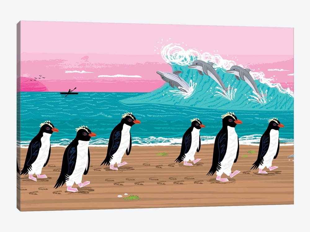 Penguins and Dolphins by Oliver Lake 1-piece Canvas Print