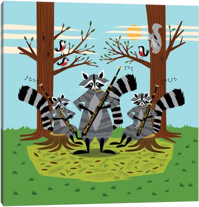 Raccoons Playing Bassoons Canvas Art Print - Friendship Art