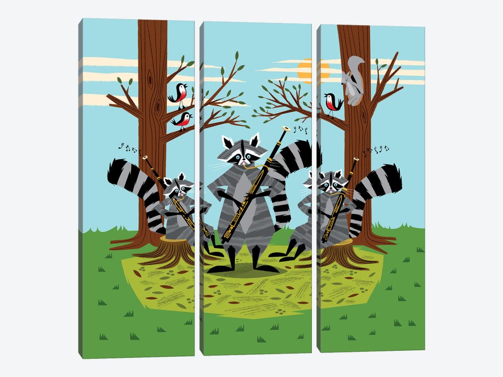 Raccoons Playing Bassoons by Oliver Lake 3-piece Canvas Artwork
