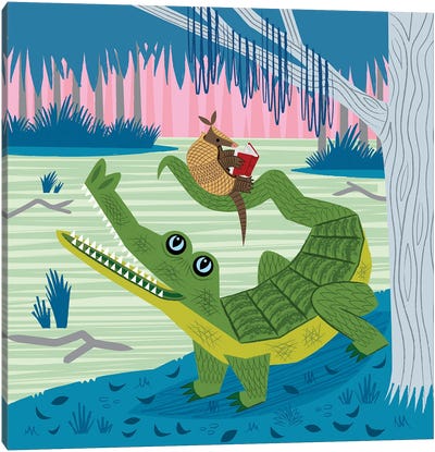 The Alligator And The Armadillo Canvas Art Print - Reptile & Amphibian Art