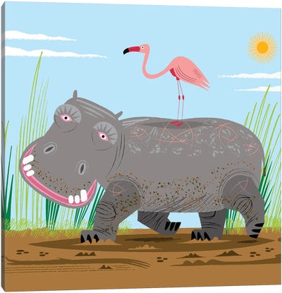 The Hippo and The Flamingo Canvas Art Print - Hippopotamus Art