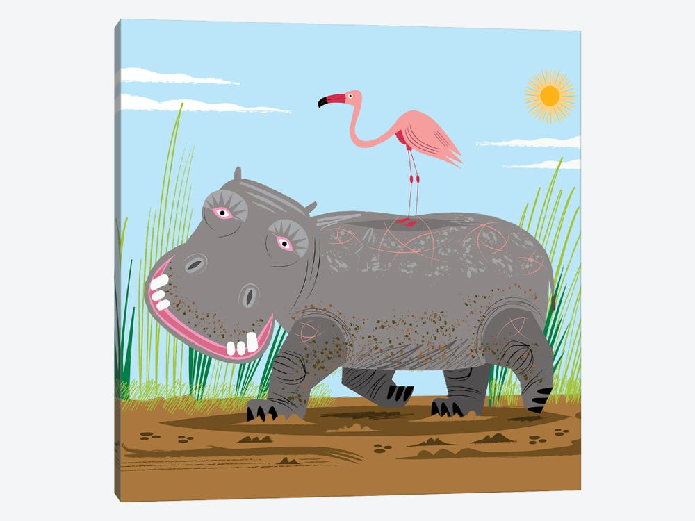 The Hippo and The Flamingo by Oliver Lake 1-piece Canvas Artwork
