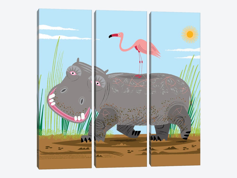 The Hippo and The Flamingo by Oliver Lake 3-piece Canvas Wall Art