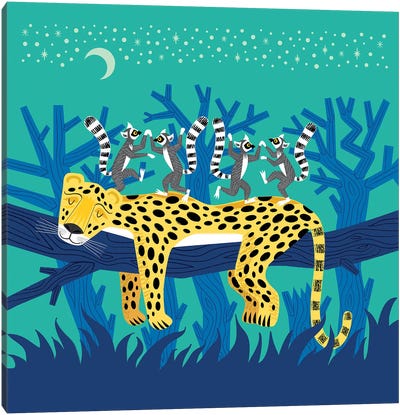 The Leopard And The Lemurs Canvas Art Print - Lemur Art