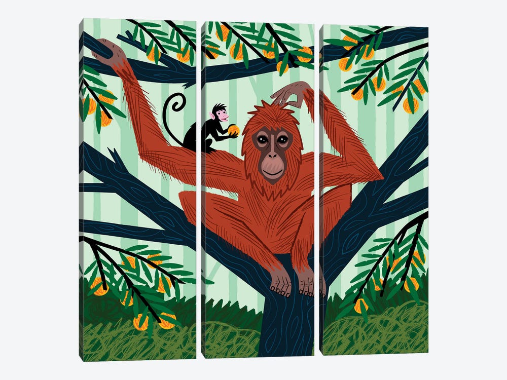 The Orangutan In The Orange Trees by Oliver Lake 3-piece Canvas Wall Art