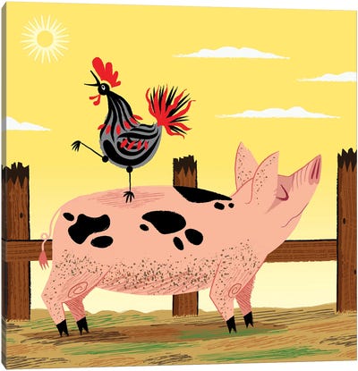 The Pig And The Rooster Canvas Art Print - Friendship Art