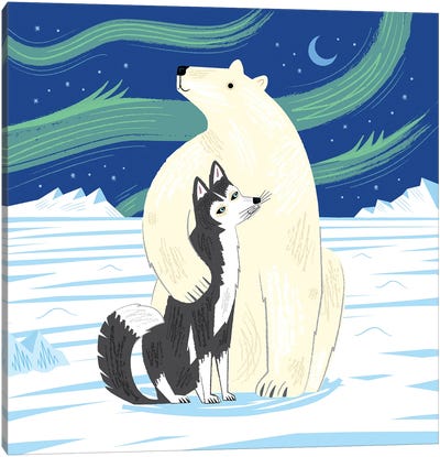 The Polar Bear And The Husky Canvas Art Print - Oliver Lake