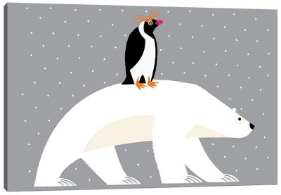The Polar Bear And The Penguin Canvas Art Print - Polar Bear Art