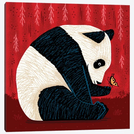 The Panda And The Butterfly - red version Canvas Print #OLV76} by Oliver Lake Canvas Wall Art