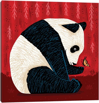 The Panda And The Butterfly - red version Canvas Art Print - Oliver Lake