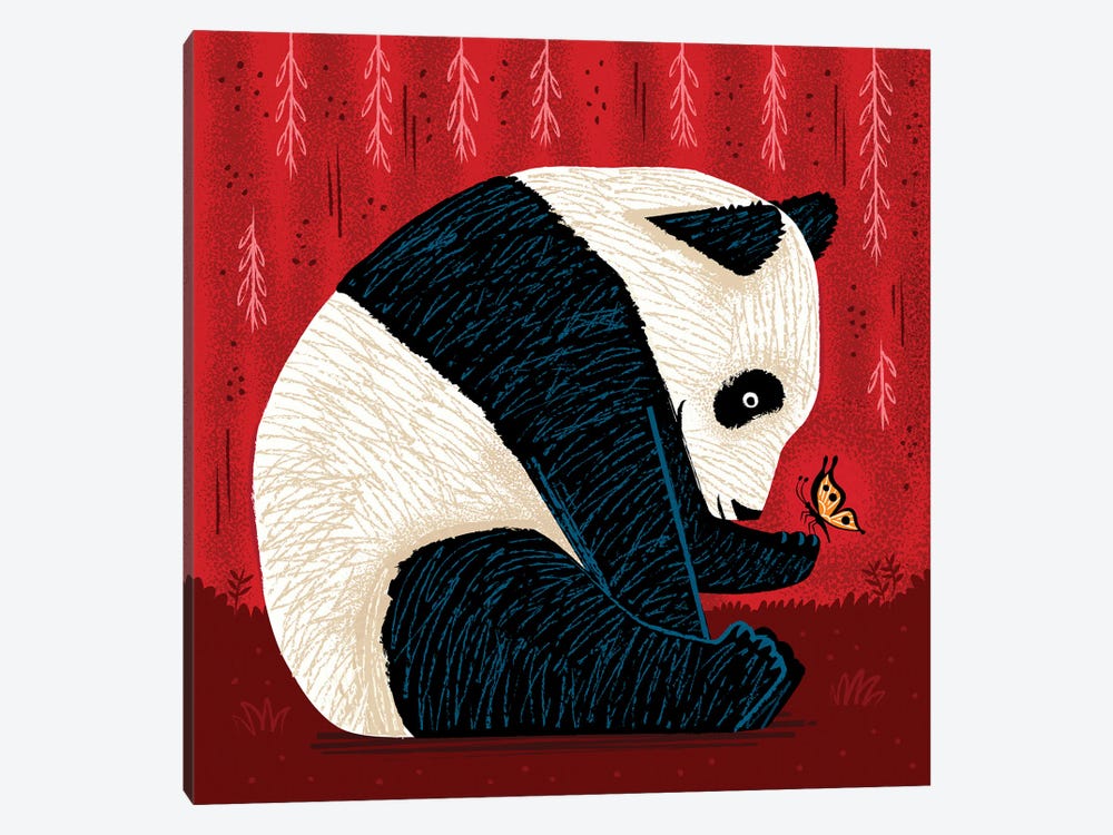 The Panda And The Butterfly - red version by Oliver Lake 1-piece Canvas Print