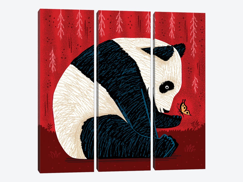 The Panda And The Butterfly - red version by Oliver Lake 3-piece Canvas Print