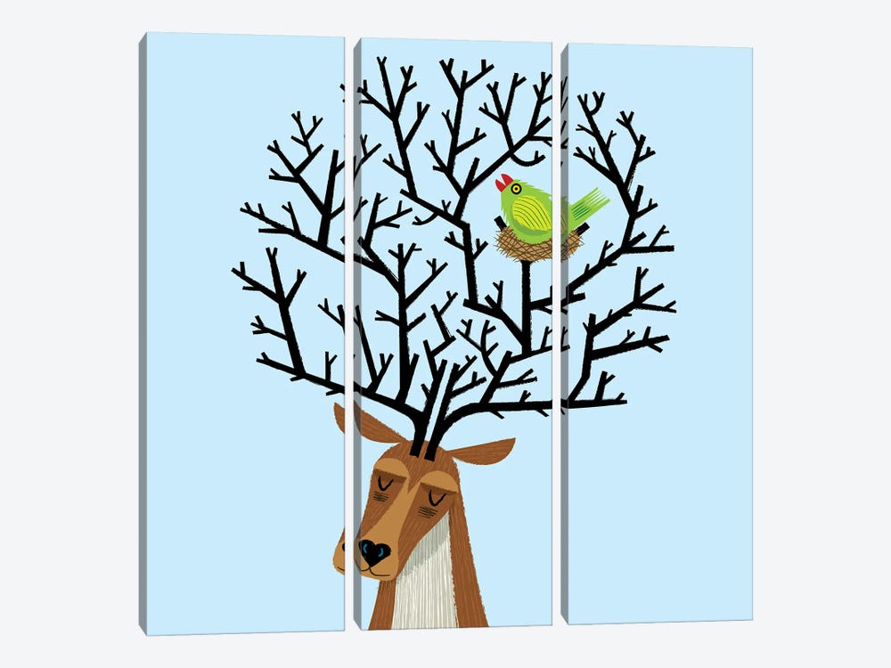 The Tree Stag And The Green Finch by Oliver Lake 3-piece Art Print