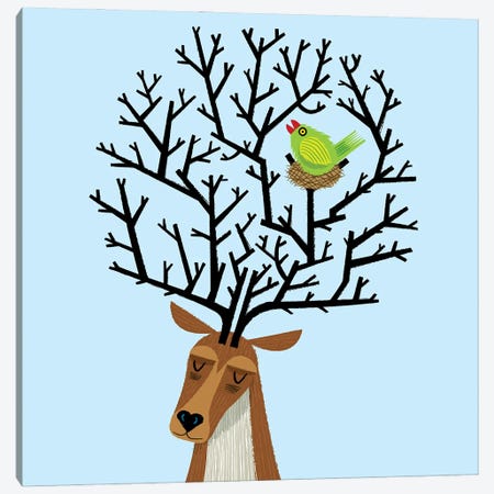 The Tree Stag And The Green Finch Canvas Print #OLV81} by Oliver Lake Canvas Wall Art