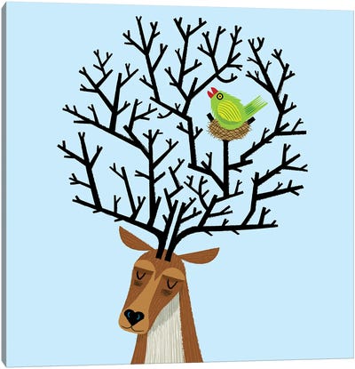 The Tree Stag And The Green Finch Canvas Art Print - Oliver Lake