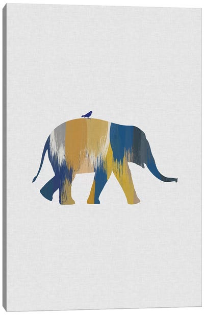 Elephant Blue & Yellow Canvas Art Print - Minimalist Nursery