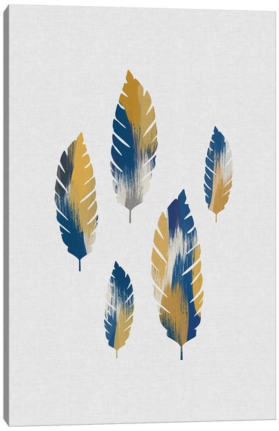 Leaves Blue & Yellow Canvas Art Print - Minimalist Nursery