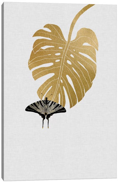 Butterfly & Monstera Canvas Art Print - Gold & White Art