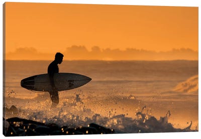 Surfer At Dawn Canvas Art Print - Tropical Beach Art