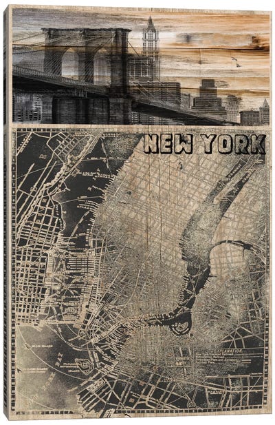 NYC, Old City Map III Canvas Art Print - Wood Walls