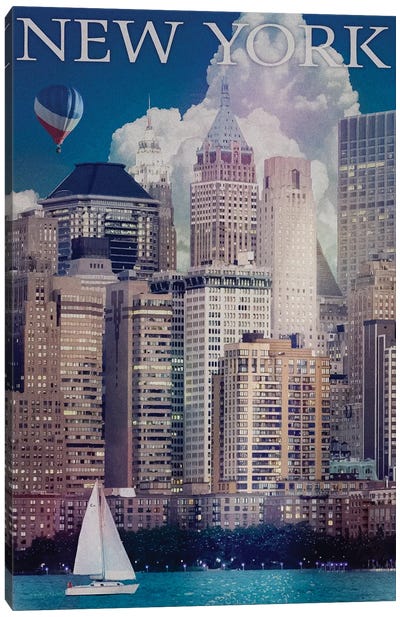 New York Manhattan River Front Canvas Art Print - Hot Air Balloon Art