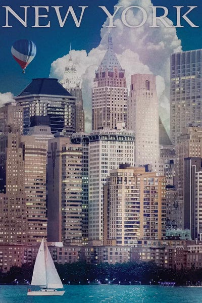 New York City Travel Posters: New York Manhattan River Front by Old Red Truck