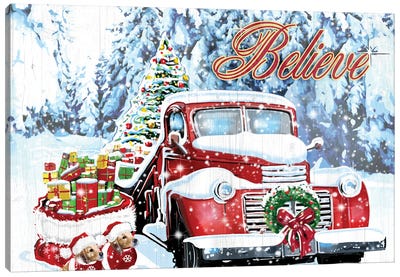 Red Truck Christmas Canvas Art Print - Trucks