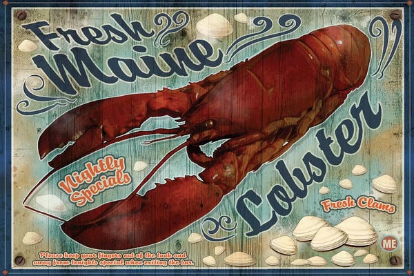 Vintage Kitchen Posters: Fresh Maine Lobster Sign by Old Red Truck