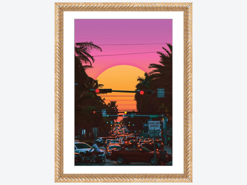 Framed Canvas Art (Champagne) - Vaporwave Sunset III by Danner Orozco ( scenic & landscapes > Sky > sunrises & sunsets > City sunrises & sunsets art)
