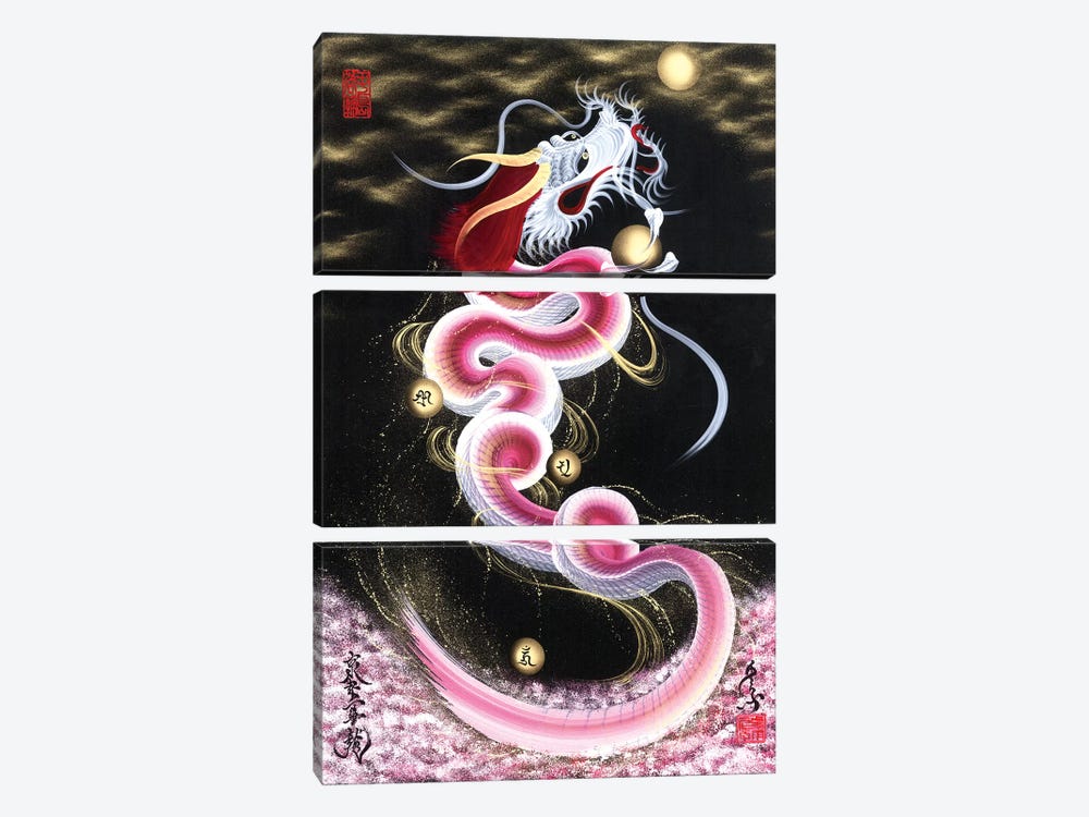 Cherry Blossom Rising Dragon To The Moon by One-Stroke Dragon 3-piece Canvas Art Print