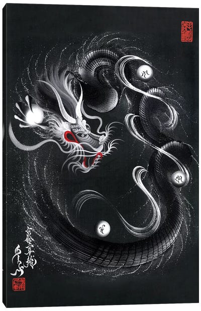 Guardian Silver Black Dragon Canvas Art Print - Asian Décor