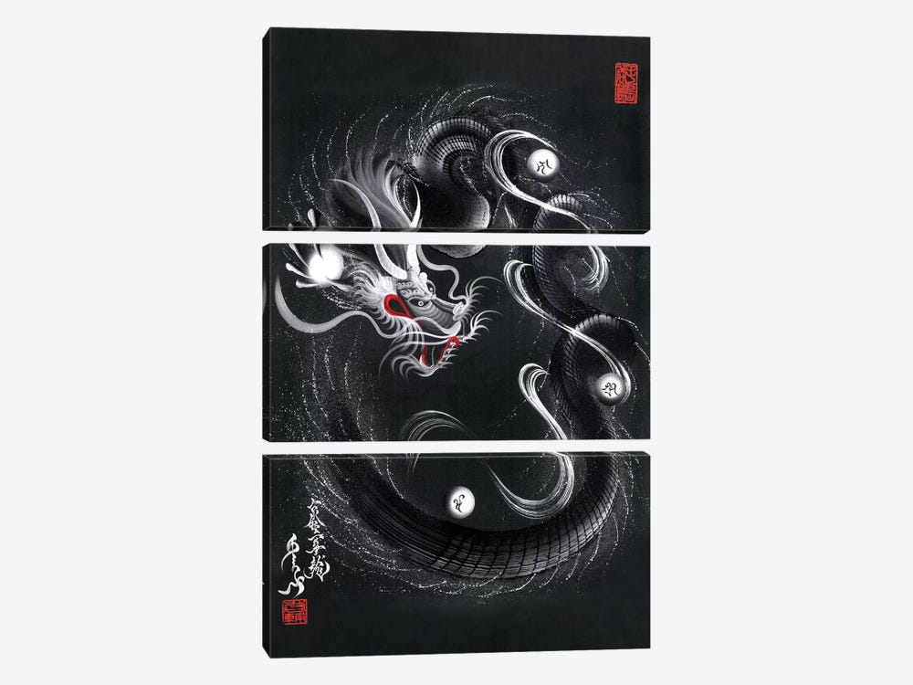 Guardian Silver Black Dragon by One-Stroke Dragon 3-piece Canvas Print
