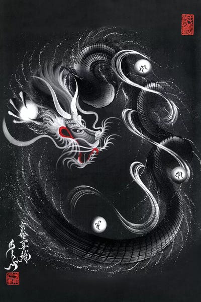 Asian Décor: Guardian Silver Black Dragon by One-Stroke Dragon