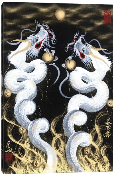 Rising Twin White Dragon To The Moon Canvas Art Print - Dragon Art